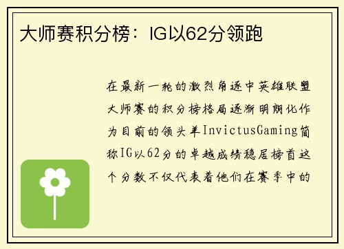 大师赛积分榜：IG以62分领跑