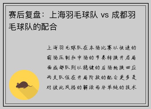 赛后复盘：上海羽毛球队 vs 成都羽毛球队的配合