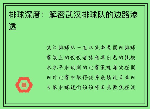 排球深度：解密武汉排球队的边路渗透